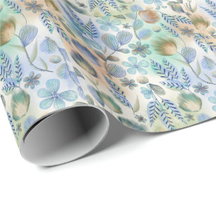 Boho Blue Green Whimsical Floral Botanical Wrapping Paper