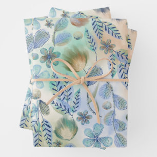 Boho Blue Green Whimsical Floral Botanical  Wrapping Paper Sheet