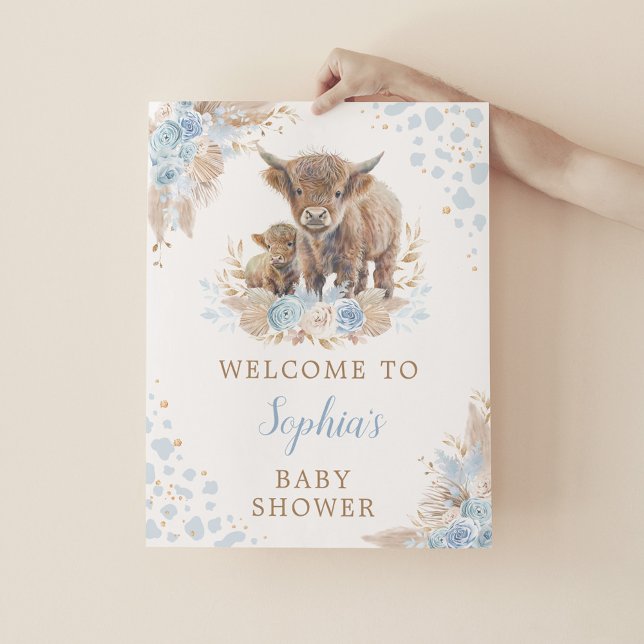 Boho Blue Highland Cow Baby Boy Shower Welcome Poster (Creator Uploaded)