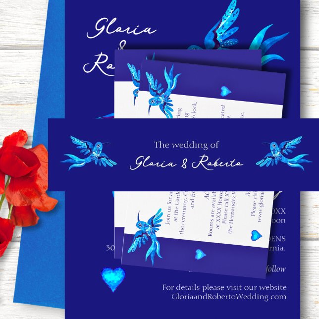 Boho Blue Hummingbirds Mexican Wedding Invitation Belly Band (Creator Uploaded)