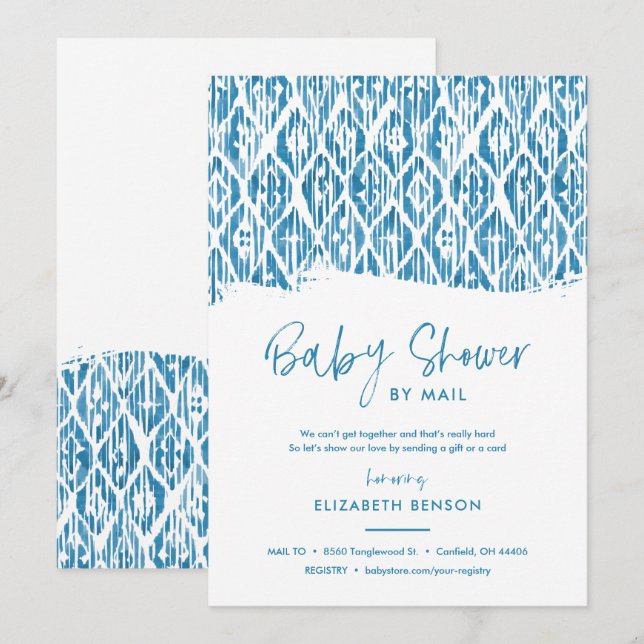 Boho Blue Ikat Baby Shower by Mail Invitation (Front/Back)