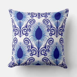 Boho Blue Jewel Tone Peacock Feather  Cushion