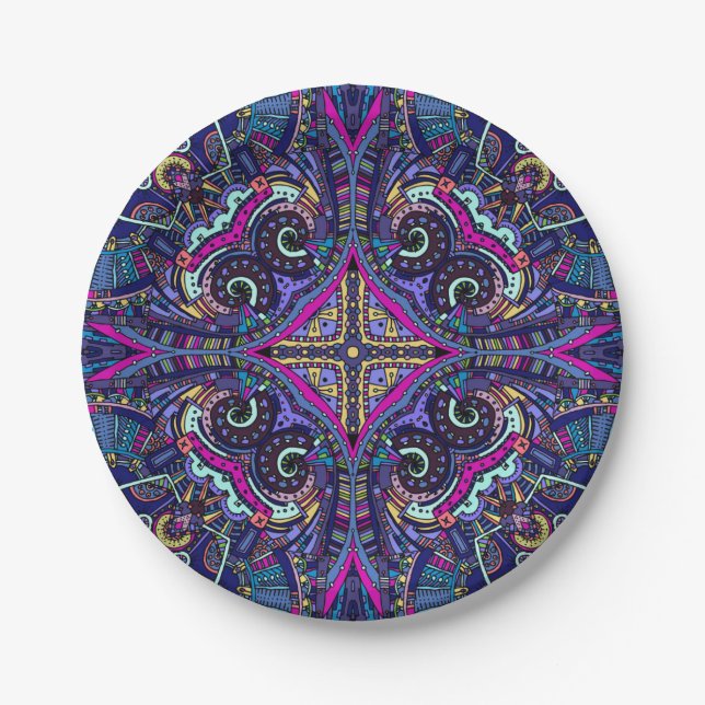 Boho blue kaleidoscope native american trend paper plate (Front)