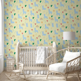 Boho Blue Llama Rainbows Yellow Baby Boy Nursery Wallpaper