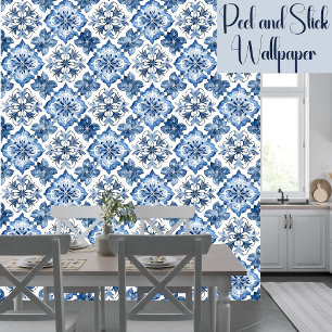 Boho Blue Mediterranean  Pattern Peel And Stick Wallpaper