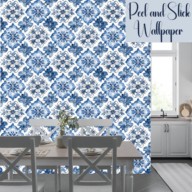 Boho Blue Mediterranean  Pattern Peel And Stick Wallpaper (Creator Uploaded)