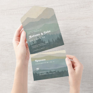 Boho Blue Mountains & Forest Wedding Retro  All In One Invitation