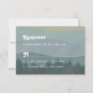 Boho Blue Mountains & Tree Retro Wedding RSVP Card