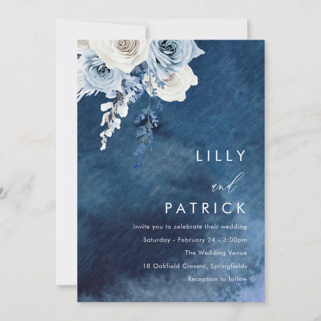 Boho Blue Navy Watercolor Splash Wedding Invitation (Front)