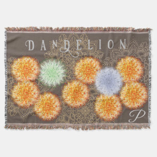 Boho Blue Orange Dandelion Gold WildFlower Vintage Throw Blanket