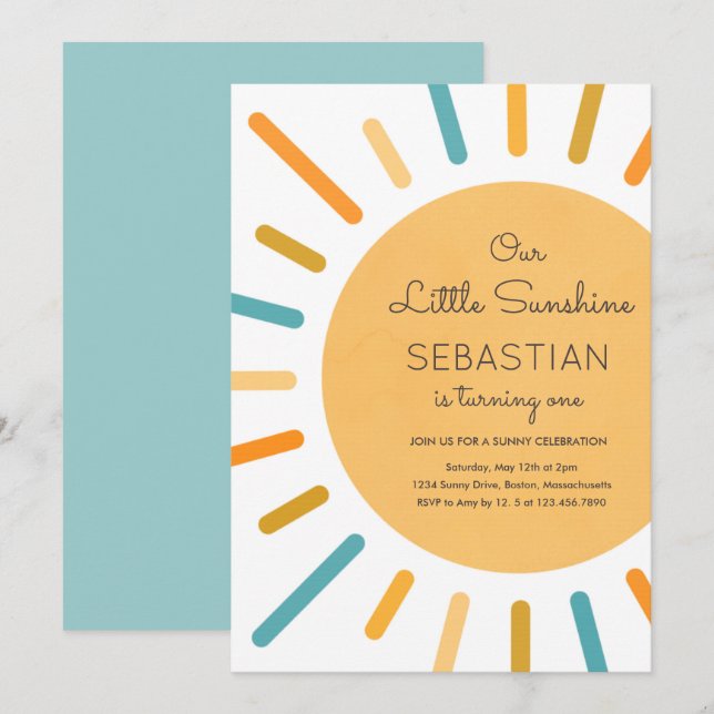 Boho Blue Our Little Sunshine Birthday Party Invitation (Front/Back)