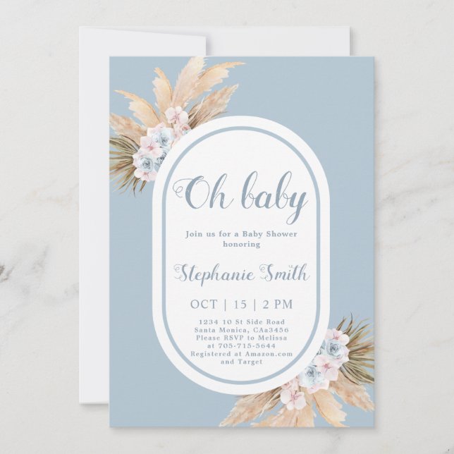 Boho Blue Pampas Grass Baby Shower Boy Invitation (Front)