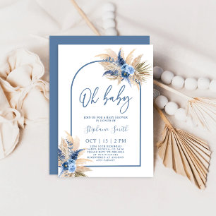 Boho Blue Pampas Grass Baby Shower Boy Invitation