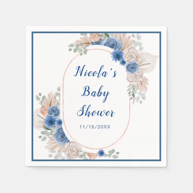 Boho Blue Pampas Grass Baby Shower Napkin (Front)