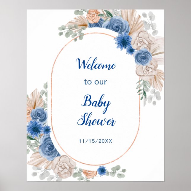 Boho Blue Pampas Grass Baby Shower Poster (Front)