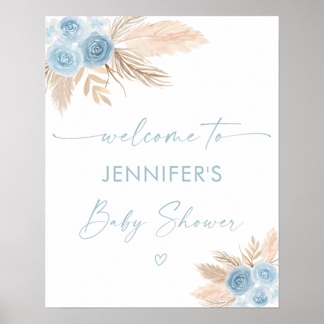 Boho Blue Pampas Grass Baby Shower Welcome Poster (Front)
