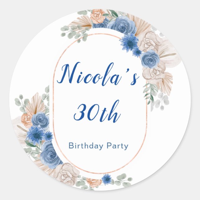Boho Blue Pampas Grass  Birthday Classic Round Sticker (Front)