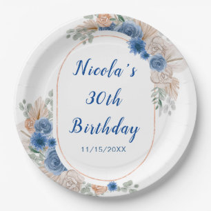 Boho Blue Pampas Grass Birthday Paper Plate