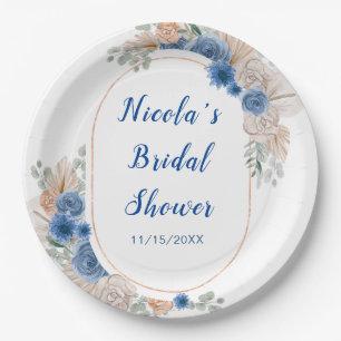 Boho Blue Pampas Grass Bridal Shower Paper Plate