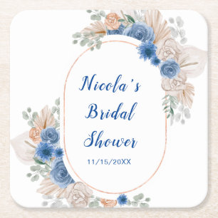 Boho Blue Pampas Grass Bridal Shower Square Paper Coaster