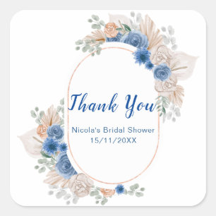 Boho Blue Pampas Grass Bridal Shower Square Sticker