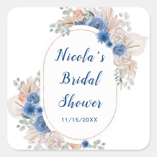 Boho Blue Pampas Grass Bridal Shower Square Sticker (Front)