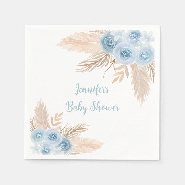 Boho Blue Pampas Grass Floral Baby Shower Napkin (Front)