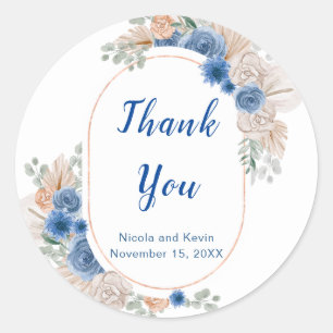 Boho Blue Pampas Grass Wedding Classic Round Sticker
