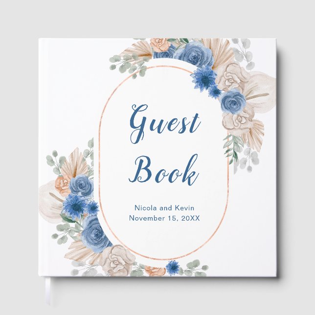 Boho Blue Pampas Grass Wedding Guest Book (Front)