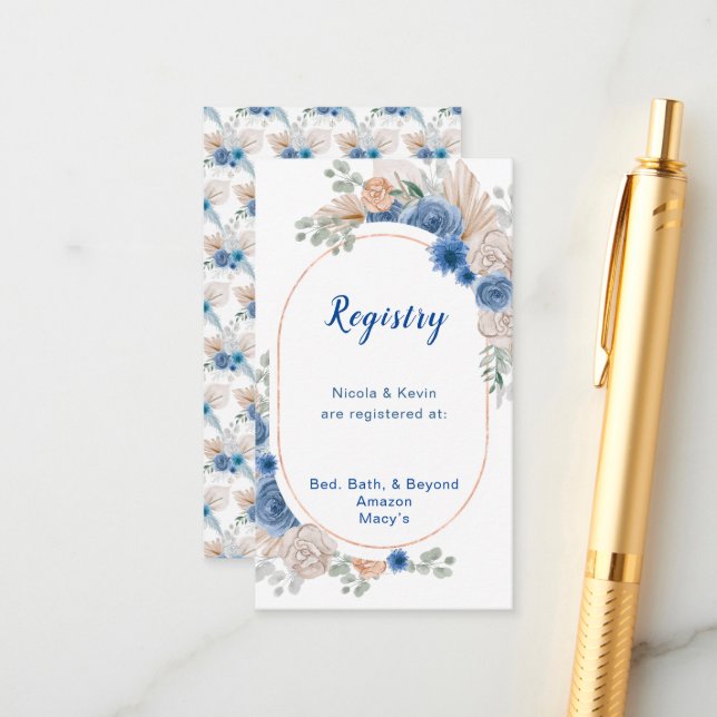 Boho Blue Pampas Grass Wedding Registry Enclosure Card (Front/Back In Situ)