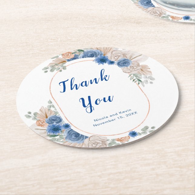 Boho Blue Pampas Grass Wedding Round Paper Coaster (Angled)