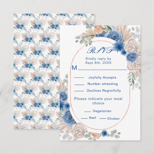 Boho Blue Pampas Grass Wedding RSVP (Front/Back)