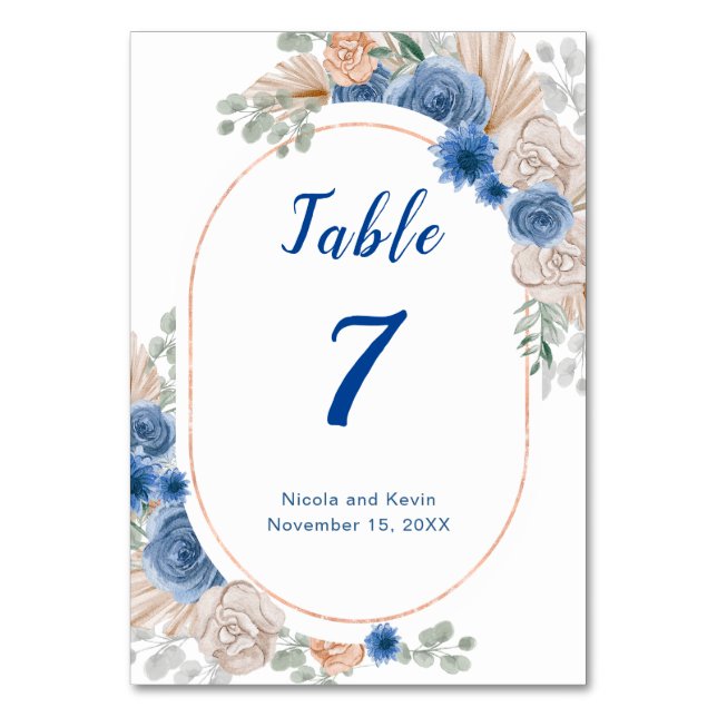 Boho Blue Pampas Grass  Wedding Table Number (Front)
