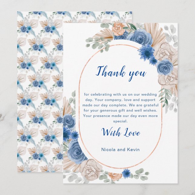 Boho Blue Pampas Grass Wedding Thank You (Front/Back)