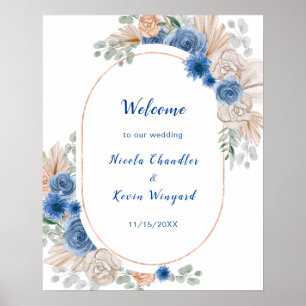 Boho Blue Pampas Grass Wedding Welcome Poster