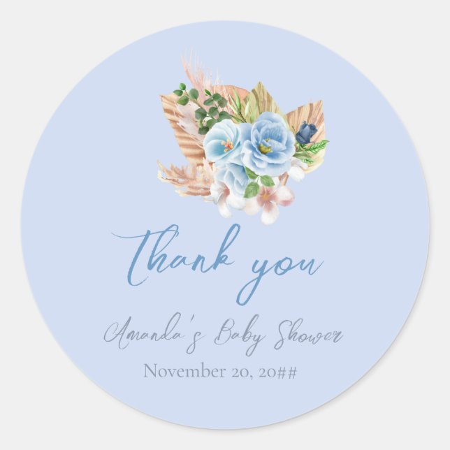 Boho Blue Pampass Grass Floral Oh Boy Baby Shower Classic Round Sticker (Front)