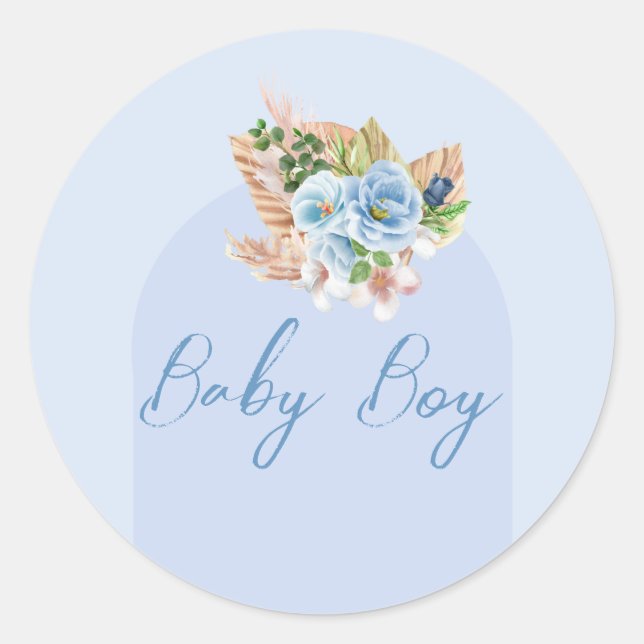 Boho Blue Pampass Grass Floral Oh Boy Baby Shower  Classic Round Sticker (Front)
