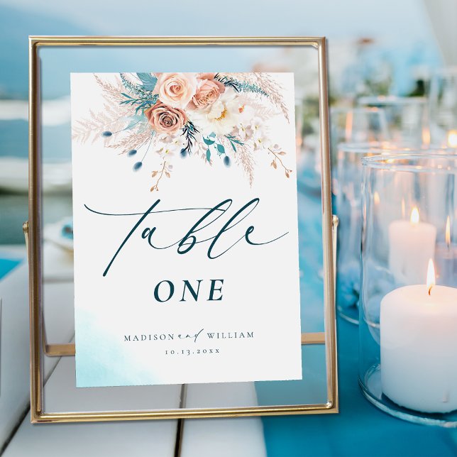 Boho Blue Peach Floral Wedding Table Number (Creator Uploaded)