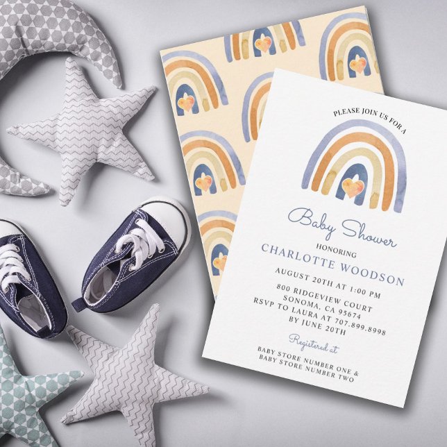 Boho Blue Peach Watercolor Rainbow Boy Baby Shower Invitation (Creator Uploaded)