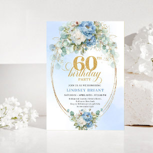 Boho Blue Peonies Gold 60th Birthday Invitation