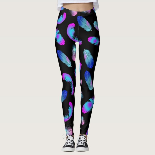 BOHO BLUE PINK FEATHER PATTERN LEGGINGS (Front)