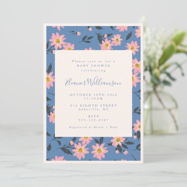 Boho Blue Pink Floral Baby Shower Invitation (Standing Front)