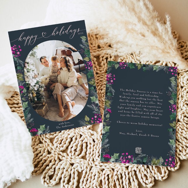 Boho Blue & Pink Oval Family Photo  Holiday Card (Creator Uploaded)