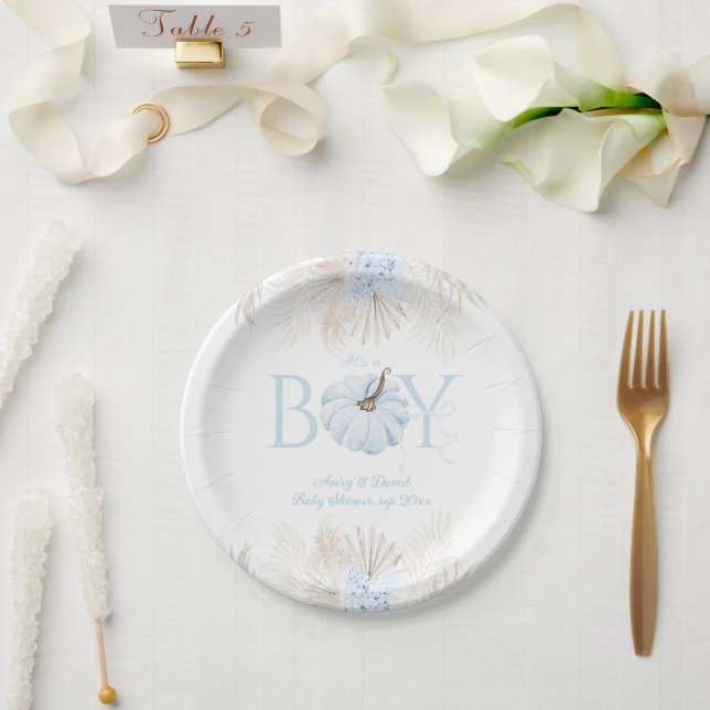 Boho Blue Pumpkin It's a Boy Fall Baby Shower Paper Plate (Wedding)