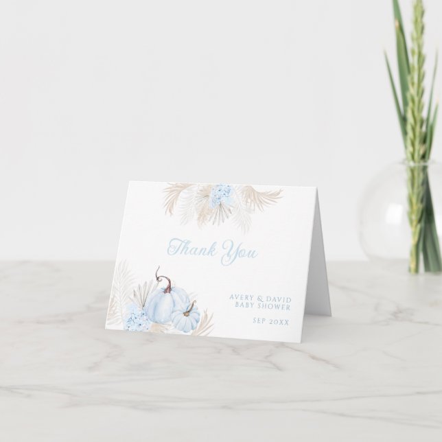 Boho Blue Pumpkin It's a Boy Fall Baby Shower Thank You Card (Front)