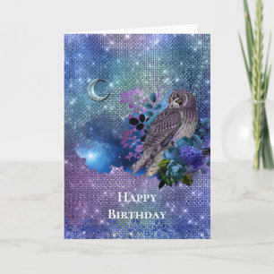 Boho Blue Purple Owl Moon Birthday Card