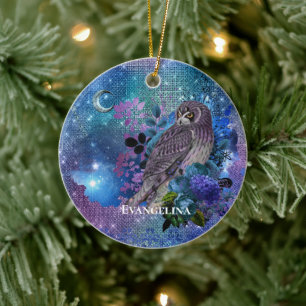 Boho Blue Purple Owl Moon Ceramic Tree Decoration
