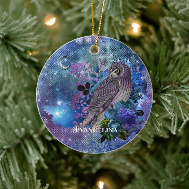 Boho Blue Purple Owl Moon Ceramic Tree Decoration (Tree)
