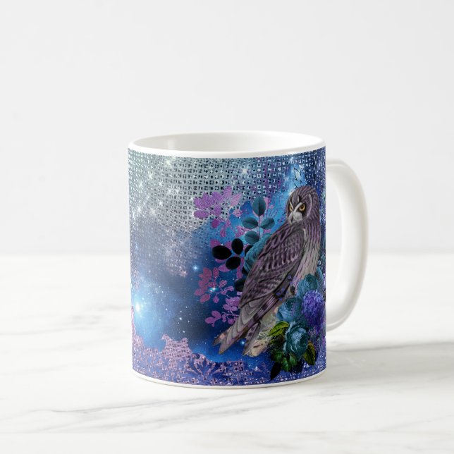 Boho Blue Purple Owl Moon Coffee Mug (Front Right)