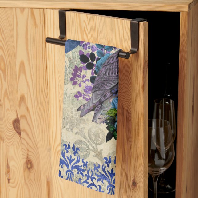 Boho Blue Purple Owl Moon Tea Towel (Thirds Fold)